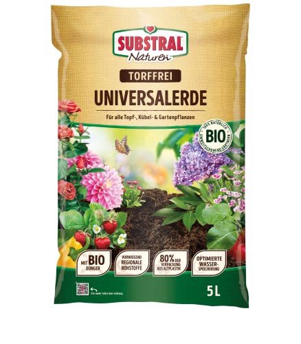 Substral Naturen Universalerde Bio & torffrei, 5L, für Zimmer-, Balkon und Kübelpflanzen, in Beeten und Rabatten, Grün