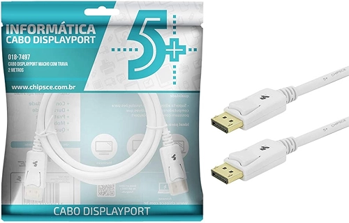5+ Cabo Displayport + Displayport 1.2 - Branco - 2M - com Trava