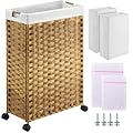 Greenstell Laundry Hamper with Wheels, 11.9 Gallon (45L) Small Clothes Hamper with 2 Removable Liner Bags & 2 Mesh Bags, Slim Rattan Laundry Basket for Bathroom, Bedroom, Natural