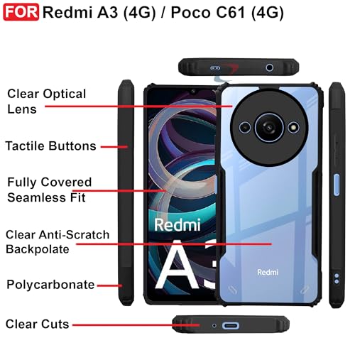 Image of CEDO Backcover for Redmi A3 / Redmi A3x / Poco C61 (4G) | Camera Protection Shockproof Bumper-Edge | Acrylic Crystal Clear 360 Degree Protection TPU+PC | Transparent Eagle Back Case Cover (Black)