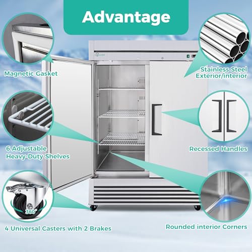 Image of 54 inch W Commercial Refrigerator 49 Cu.Ft Stainless Steel 2 Door Reach-in Fridge, 32-37℉ Precise Air Cooling Beverage Cooler with LED Light, 6 Shelves, R290 Compressor, ETL Certified for Supermarket Bar