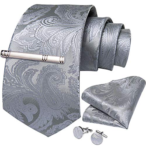 Image of DiBanGu Paisley Ties for Men Silk Necktie and Pocket Square Cufflinks Tie Clip Set Woven Classic Mens Tie for Wedding Party, Silver Grey