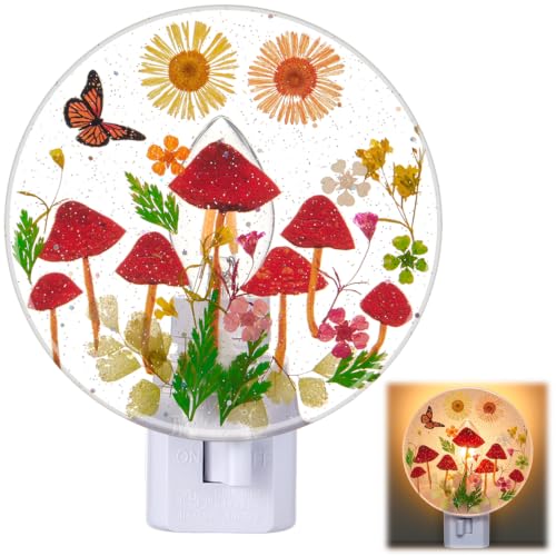 Image of Glooglitter Pressed Flower Night Light Plug in-Handmade Dried Floral Wall Night Light, Glow Decorative Nightlight for Hallway Bedroom Nursery Bathroom, Vintage Botanical(Red, Mushroom)