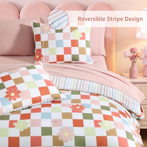 Image of Full Size Comforter Set for Girls Colorful Checkered Bed in a Bag 7 Pieces