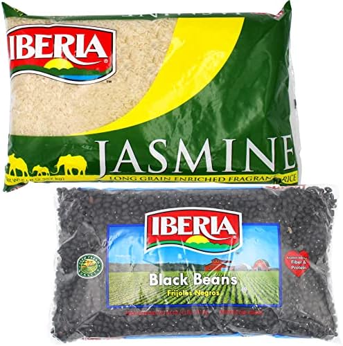 Iberia Black Beans, Dry Beans 4 lbs, Bulk Dry Black Beans Bag, Fiber & Protein Source, Farm Fresh# 1 Grade Black Beans & Jasmine Rice, 5 lbs Long Grain Naturally Fragrant Enriched Jasmine Rice, White