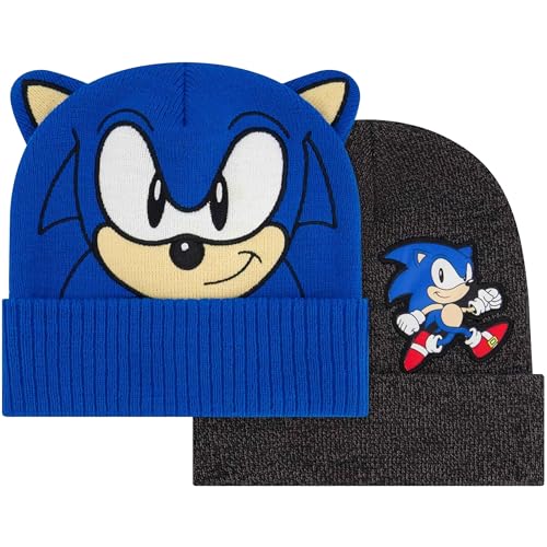 Sonic The Hedgehog 2-Piece Beanie Set Sonic Face with Ears and Logo Design Grey/Blue One Size