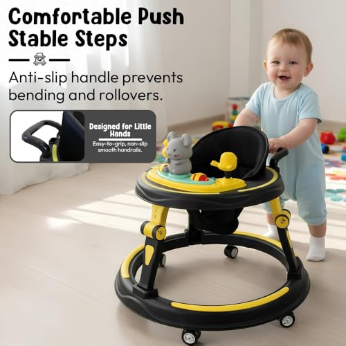 Image of StarAndDaisy Baby Walkers for 6-24 Month Baby boy 360 Walker for Kids for 6-24 Months with RGB Light, 7 Level Height Adjustment, Baby Walker with Switchable Food & Musical Toy Tray -Yellow Black