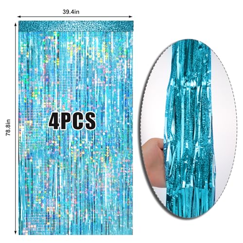 Image of 4 Packs Blue Foil Fringe Curtain, Light Blue Glitter Metallic Tinsel Backdrop for Birthday, Wedding, Baby Shower, Bachelorette, Ocean, Princess Party Decorations Supplies