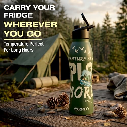 Image of WARMEO VIBE 1000 Stainless Steel Water Bottle 1000 ml | Adventure Theme 3D Embossed Design | Single Walled, ISI Certified I Leak Proof Lid, Rust Proof I For School, Office, Gym I Green