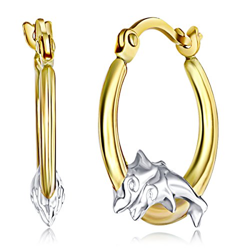14k REAL Two Tone Gold Fancy Dolphin Hoop Earrings (13mm Diameter)2