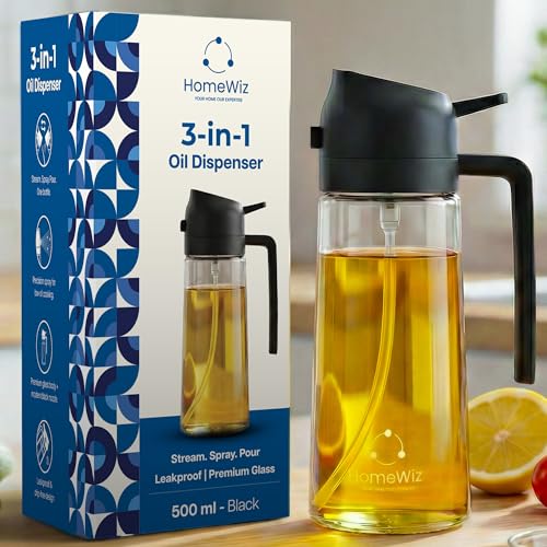HomeWiz Oil Dispenser For Kitchen Glass Bottle 500 ml | 3-in-1 Mode Oil Sprayer, Cooking, Salad & BBQ | Stream, Spray & Pour Mist | Precision Refillab