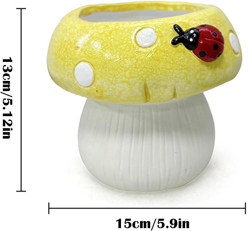 Cute Ceramic Mushroom Planter with Ladybug, Unique Succulent Planter Fun Flower Pot, Decorative Plant Pot for Indoor Outdoor Plants Home Garden Office Desk Decorations (Green)