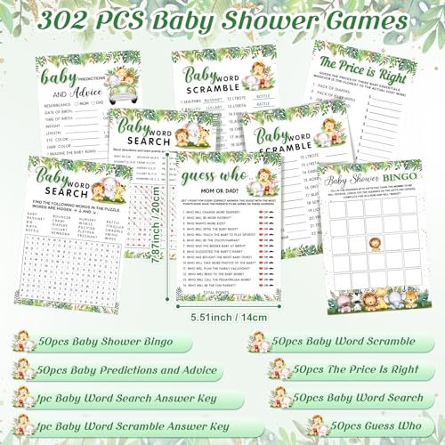 Image of Jetec 302 Pcs Safari Animal Theme Baby Shower Games, 6 Games, 50 Sheets Each, Shower Party, Word Scramble, Baby Word Search, Predictions and Advice, The Price is Right