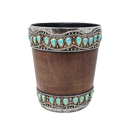 AMAJY Decorative Resin Faux Leather Small Wastebasket with Turquoise Gem - Southwestern Rustic Trash Bin for Bathroom, Bedroom, and Kitchen - Small Decorative Wastebasket for Home or Office Décor by AMAJY - Used condition - US$38.38