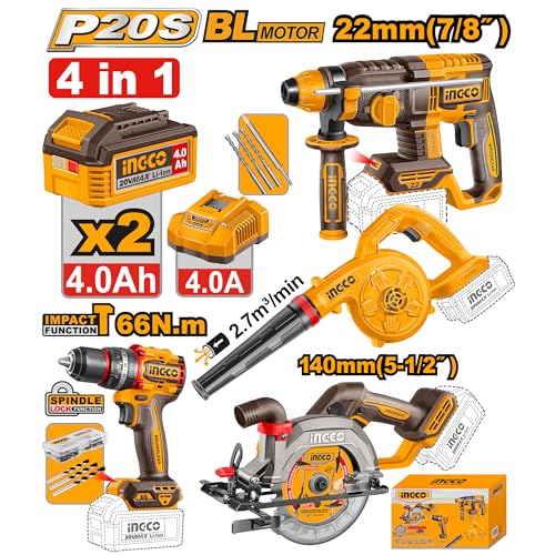 Image of INGCO 20V Brushless 4pcs Cordless Power Tool Combo Kit, Impact Drill, Rotary Hammer, Circular Saw, Blower, with 2x4.0Ah Batteries, Charger & 47Pcs Accessories for Home, DIY & Professional Construction