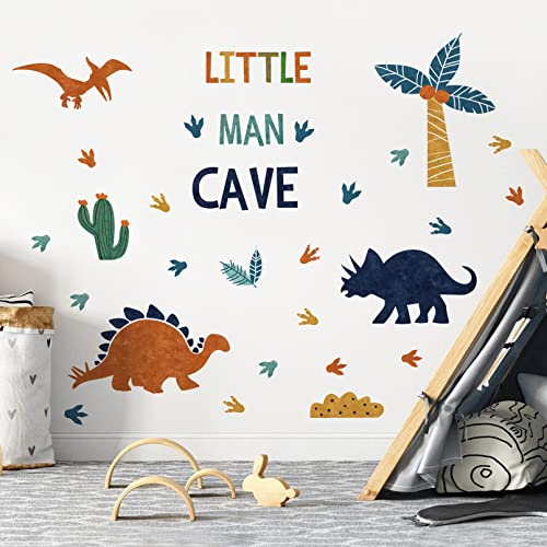 Image of Mfault Boys Dinosaur Footprints Little Man Cave Wall Decals Stickers, Peel Stick Dino Paw Print Nursery Decorations Baby Bedroom Playroom Art, Watercolor Blue Coconut Trees Cactus Kids Room Decor Gift