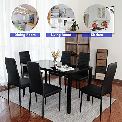 BAHOM 7 Piece Kitchen Dining Table Set for 6, Glass Table and PU Leather Chairs Set of 6 for Breakfast (7 Pieces)