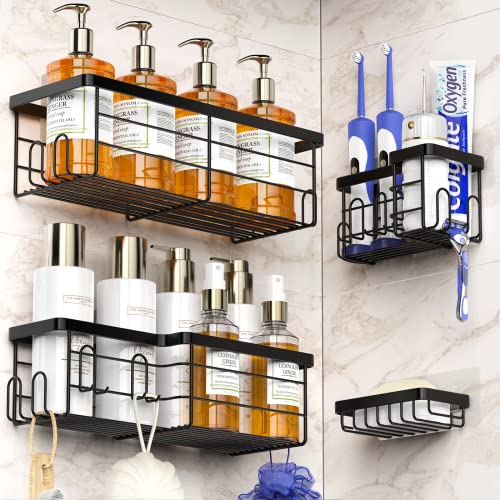 Coovee 4 Piezas Estanteria Baño sin taladro, Acero Inoxidable Estanteria Ducha, Colgante para Pared Accesorios Bano para Jabón, Champú, Secador De Pelo Cover
