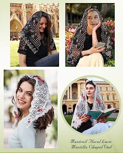 Mantveil Women Catholic Veils with Clip: Rose Floral Embroidered Lace Mantilla Chapel Church Veil Head Covering Latin Mass (Triangle)