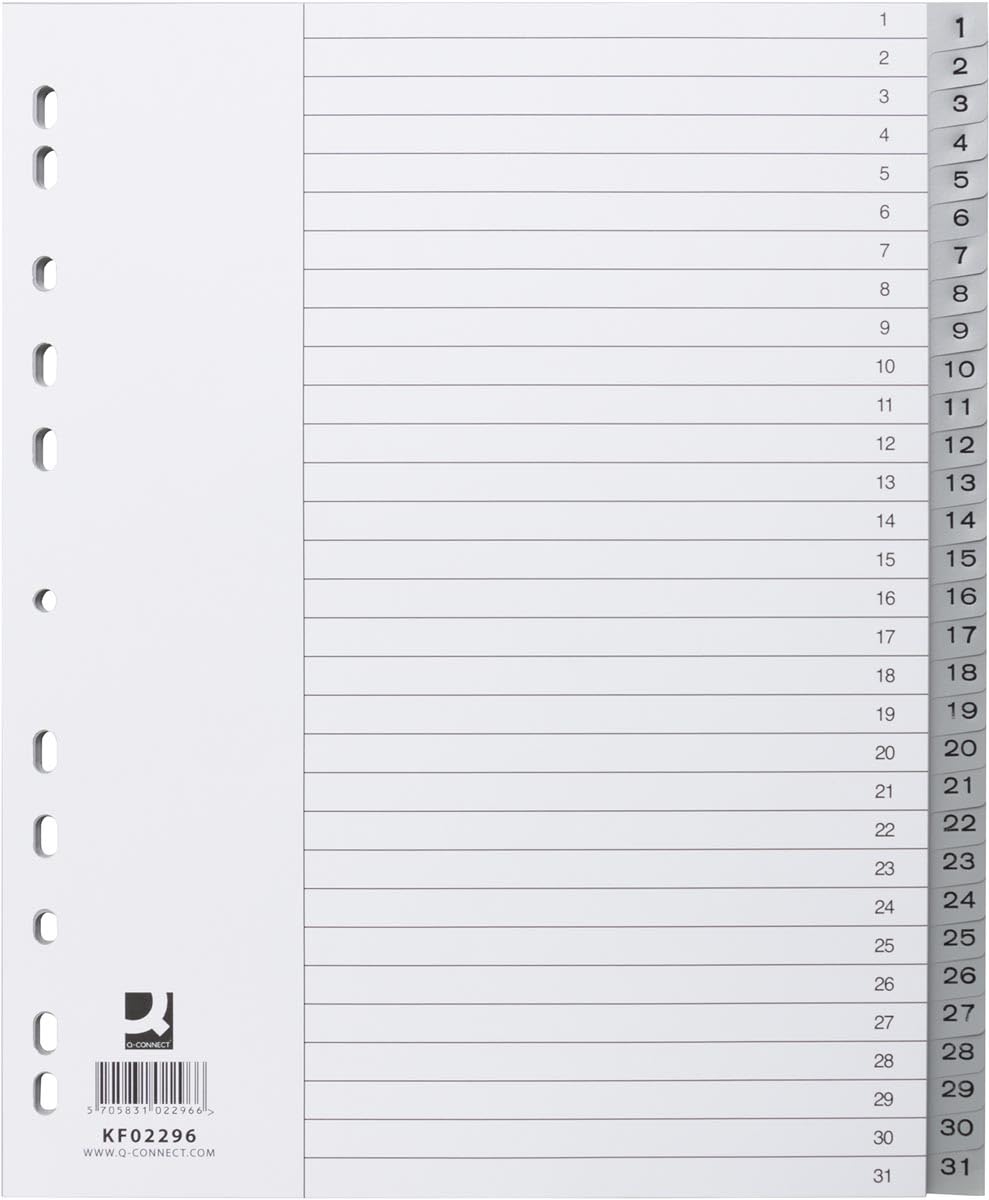 Q-CONNECT, schede numeriche, A4, PP, 1-31, con foglio indice, grigio 10 pezzi
