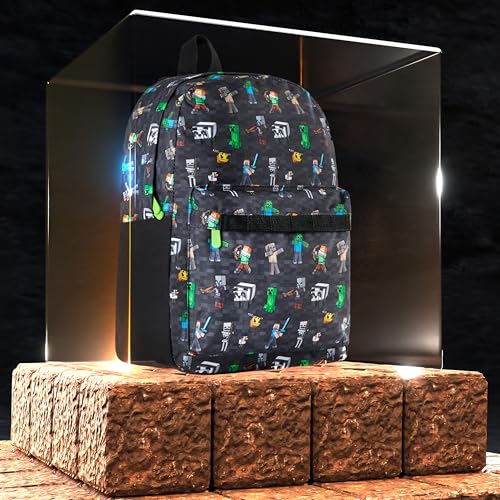 شنطة مدرسية للأولاد والبنات، شنطة ظهر للأطفال من ماين كرافت، (لون أسود على كامل التصميم)