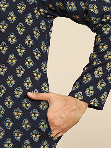 Image of Men's Navy Blue Cotton Festive Wear Regular Fit Woven Design Kurta | Indian Wedding Wear Kurta | Festive Ethnic Kurta