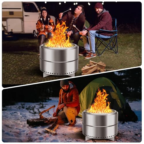 Smokeless Firepit, 27 Inch Stainless Steel Outdoor Portable Fire Pit with Removable Ash Pan and Carry Bag, Wood Burning Firepits for Outside with Stand, Ideal for 6 or More People, Silver