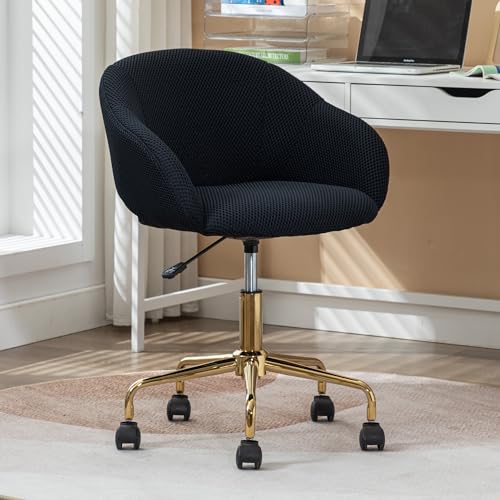 Warmiehomy Home Office Swivel Desk Chair, Modern Mesh Fabric Desk Chair, with Wheels and Armrests Swivel Adjustable Computer Task Vanity Chair with Gold Legs and Armrests-002Black