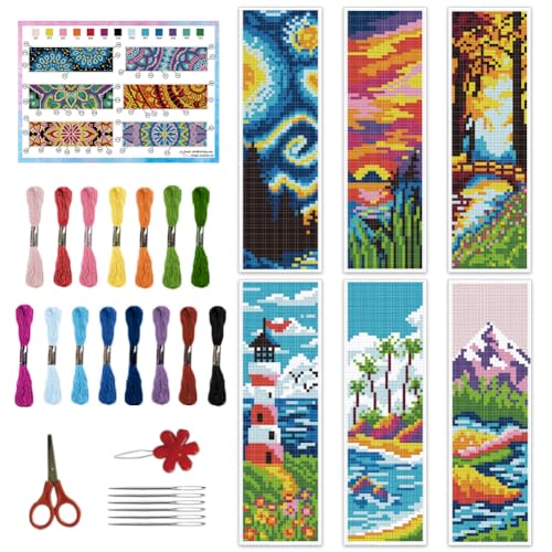 BEUNITONE Cross Stitch Kit Bookmark Scenery Landscape Cross Stitch Kits Bookmark Crossstitch Kits 8''x2.4'' Stamped Embroidery Bookmark for Adults Beginners 6Pcs