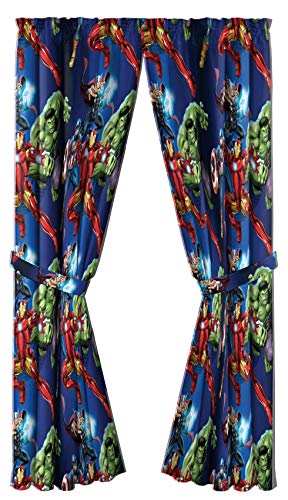 Jay Franco Marvel Avengers Blue Circle 84" Inch Drape - Beautiful Room Décor & Easy Set Up, Bedding Features Captain America, Iron Man, & Thor - Curtains Include 2 Tiebacks, 4 Piece Set