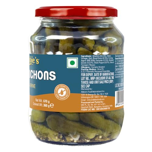 Image of Abbie's Cornichons in Brine 1340 g (670 g X 2 Units) Ready to Eat | Zero Fat Crunchy Pickle | Perfect Topping for Pizza, Sandwich, Burger , Salad , Snacks and More |