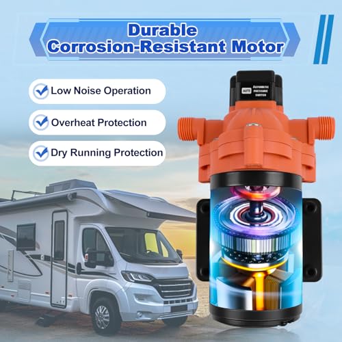 Image of 3.0 GPM 70 PSI Washdown Deck Wash Pump Kit, 12V Washdown Pump Kit with Strainer and Pressure Switch for RV,Boat,Sprayer,Travel Trailers,and Yacht,Orange-White