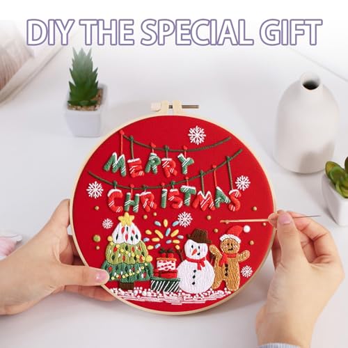 Image of Offizon 3 PCS Embroidery Kit for Beginners Stamped Christmas Red Pattern | Cross Stitch DIY Craft Set, Hoop Included, Santa Embroidery Accessories, Stitching Sewing Kit Gift for Adults