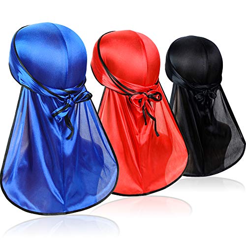 3PCS Premium Soft Men Durag Headwraps with Extra Long Tail and Wide Straps for 360 Waves