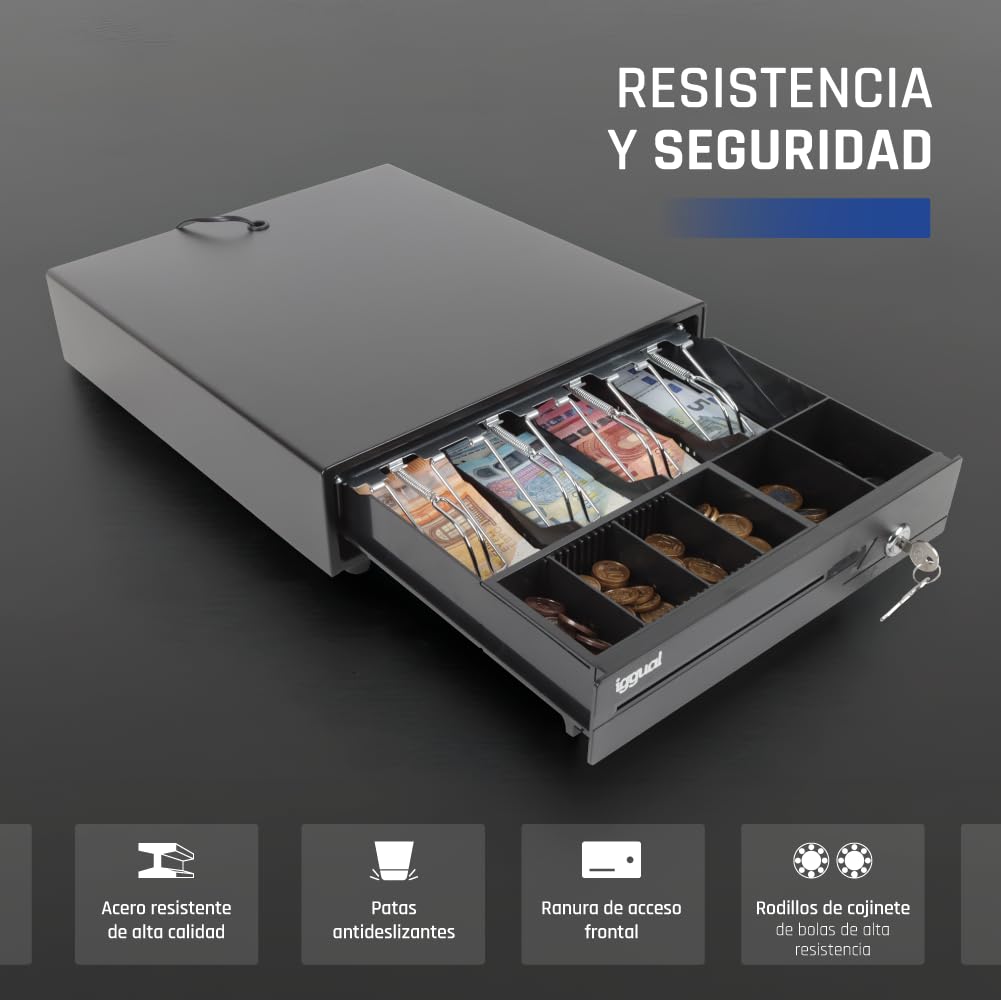 iggual – Cajón Portamonedas IRON-10 -Caja Efectivo Registradora Manual o Automática 4 Billetes y 6 Monedas -Cerradura 3 Posiciones - Material Acero+Plástico -Uso profesional- Negro (38x33,5x 8)