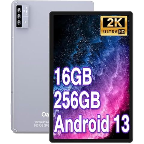 Oangcc 11 Inch Tablet Android 13 Tablets 16GB RAM 256GB ROM 1TB Expand 2025, 2K Display 2000 x 1200, Octa-Core, 8600mAh, Split Screen, Quad Speakers, 5G WiFi, 13MP Triple Camera, GPS - Gray with Case Cover
