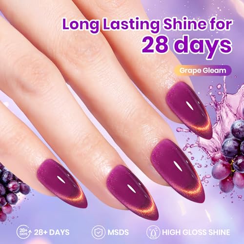 Image of Beetles Grape Gleam Purple Cat Eye Gel Nail Polish - 15ML Full Size Purple Cat Eye Glitter Spring Gel Polish Magnetic Translucent Glassy Effect Soak Off UV Nail Art DIY Manicure Gifts
