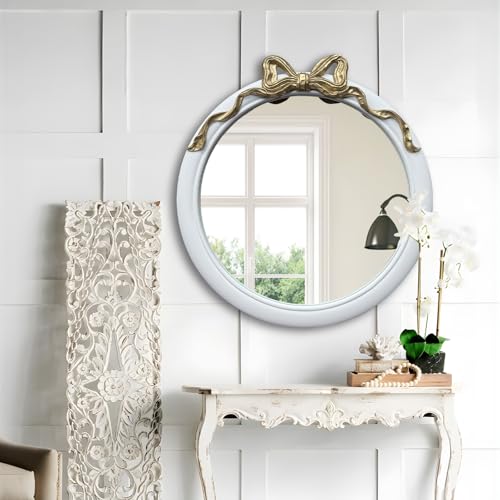 iyabat 28x28 inch Gold and White Bow Mirrors for Wall, Round/Circle God Decorative Wall Mounted Mirror, Irregular Mirrors Suitable for Bedroom, Hallway, Living Room Decoration, Nursery, Girls Room