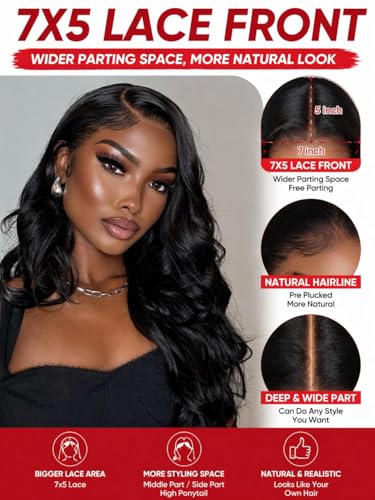 Image of Beauty Forever Easy Put On & Go Glueless Human Hair Wig for Beginners, 7x5 Pre-Cut Lace Front Body Wave Wig, Bye Bye Knots, Pre Plucked, Natural Looking Wig 150% Density Natural Color 22 Inch