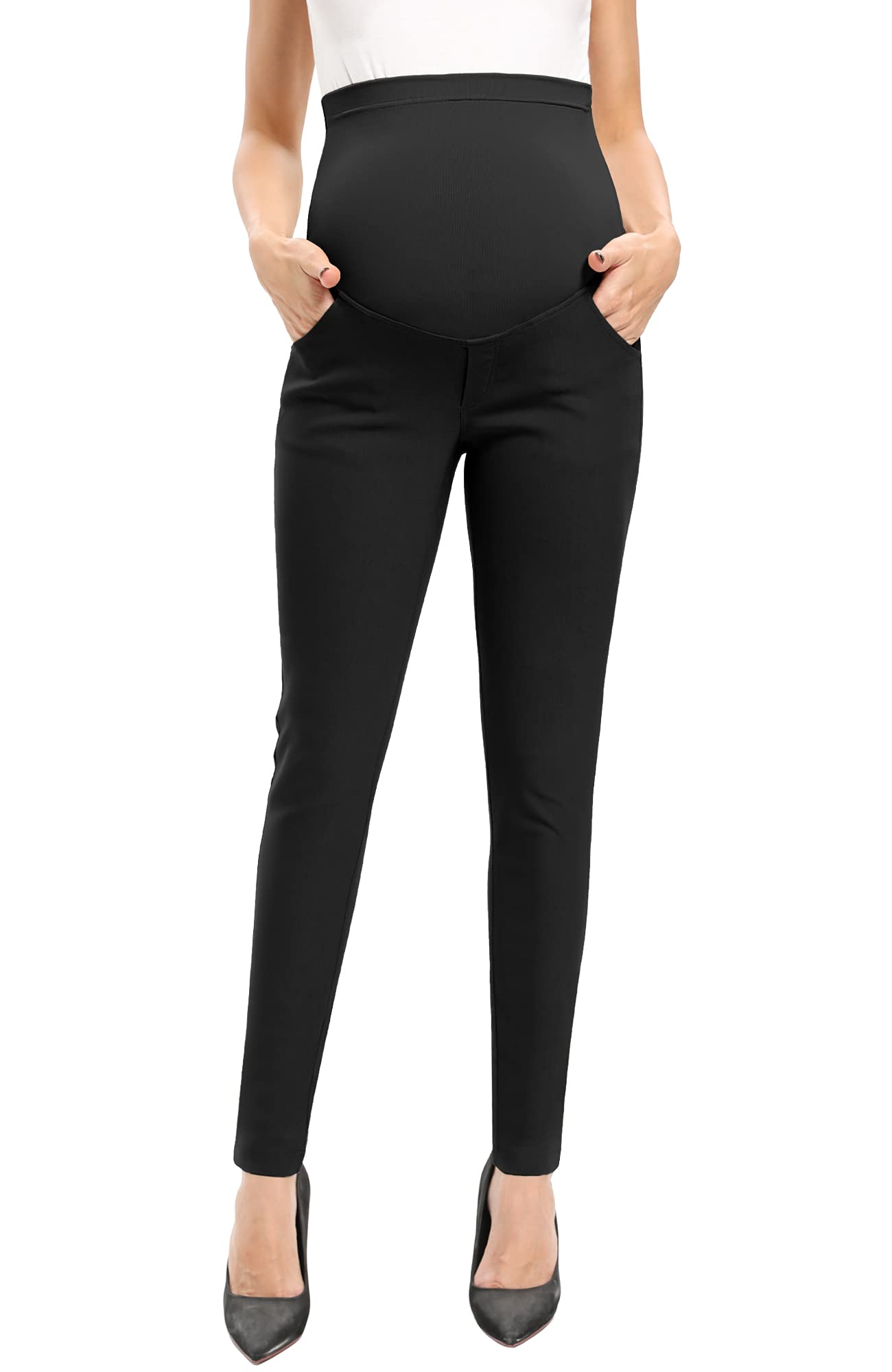 POSHGLAM Women's Maternity Pants Casual Work Pull-on Stretch Comfy Skinny Pregnancy Pants with Pockets