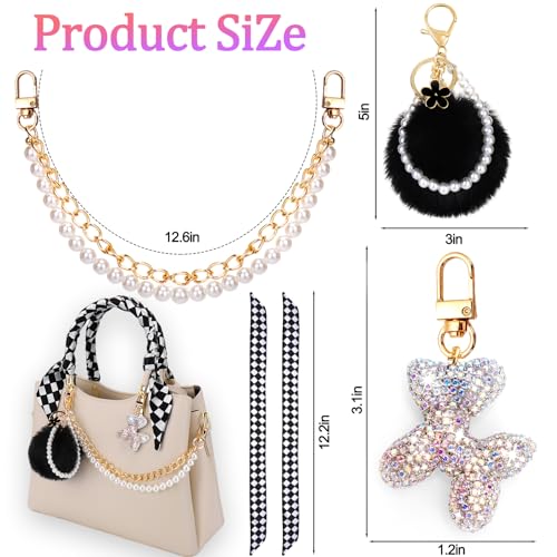 AIERSA 5Pcs Bag Charms for Handbags Purses, Balloon Dog Rhinestone Keychains, Pearl Chain Strap, Handle Decorative Handbag Charms Set for Women Purse Handbag Wallet Crossbody Shoulder Bag Accessories
