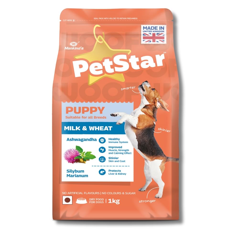 Mankind PetStar Puppy Dry Dog Food, 28% High Protein, Milk & Wheat Flavor, 1 kg | Complete Nutrition for Puppies