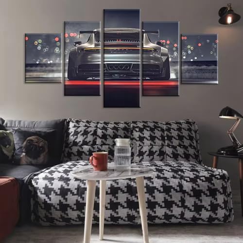 Tableau Porsche 911 GT3 en 5 parties déco salon moderne avec cadre noir robuste