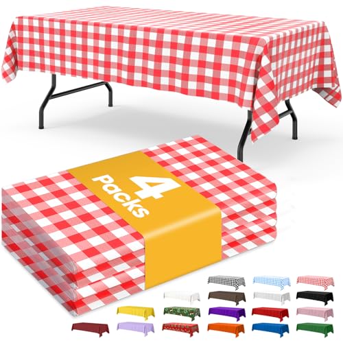 Image of Niuara Red Checkered Plastic Table Cloth - 4 Pack 54 inch x 108 inch Rectangle Disposable Tablecloths for 6FT Tables, Table Cover for Party, Holiday & Gathering Use