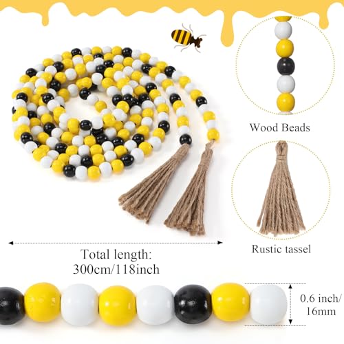 Image of Equsion Wooden Bead Garland with Tassels, Extra Long Fireplace Wood Bead Garlands Rustic Farmhouse Vintage Boho Beads Garland for Party Home Decor Tiered Tray Decorative Beads(Bee Color)
