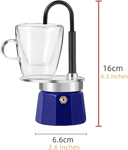Miniatura 8 de -Mini Express Swiss Single Tube Moka Pot Aluminio Azul, El juego de moka incluye una taza de doble pared de 3 onzas, disfruta de un delicioso café