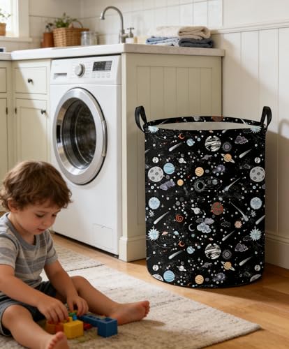 Image of Moon and Stars Laundry hamper Baby Laundry Hamper Collapsible Canvas Waterproof Storage Bin for Kids Clothes Organizer Basket Clothes hamper Star Room Decor(Moon)