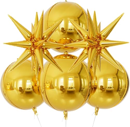Image of Toys Treasure 6pcs 22 inch Gold Metallic Foil Balloons Set - 4D Star Ball Balloons for Birthday Disco Dance Graduation New Year Decorations