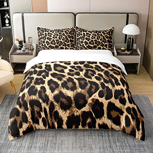 Juego de ropa de cama de 100 % algodón orgánico con estampado de leopardo, 155 x 220 cm, color negro y marrón guepardo, juego de ropa de cama para mujeres y hombres, África, temática de animales