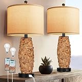 3-Color Temperature Set of 2 Rustic Rattan Lamps for Living Room Bedroom with 2 USB Charging Port Di